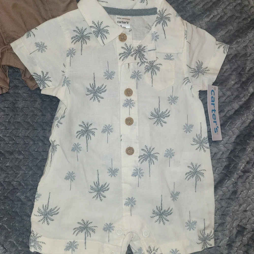 NWT Carter's OshKosh Baby Boy 3M Summer Bundle Gingham Palm Tree Linen 4pc Set